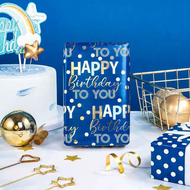 Alt view image 5 of 7 - Reversible Birthday Wrapping Paper - Mini Roll - 17 Inch x 10 Feet - Blue and Gold Foil Happy Birthday Wrapping Paper for Boys, Men, Kids, Baby Shower