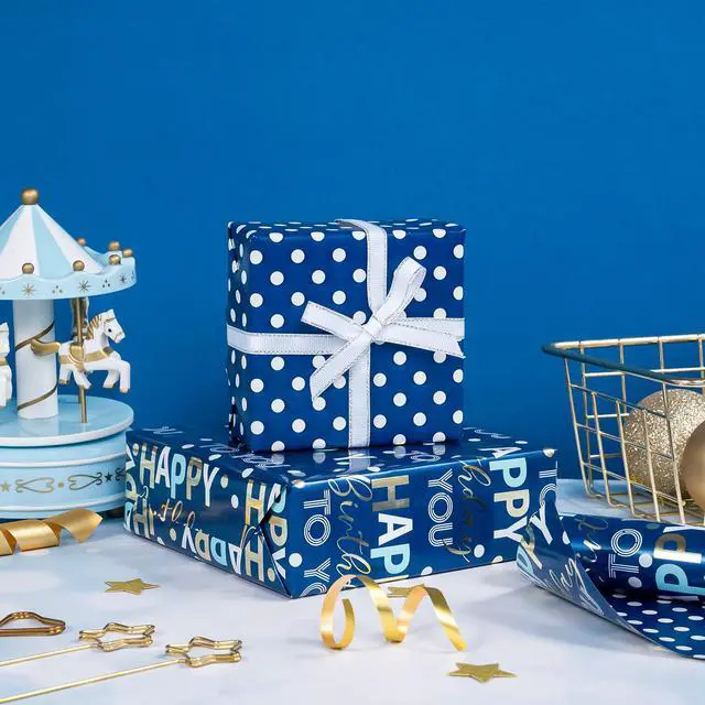 Alt view image 6 of 7 - Reversible Birthday Wrapping Paper - Mini Roll - 17 Inch x 10 Feet - Blue and Gold Foil Happy Birthday Wrapping Paper for Boys, Men, Kids, Baby Shower