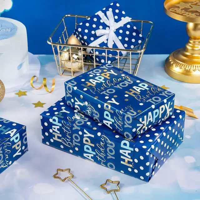 Alt view image 7 of 7 - Reversible Birthday Wrapping Paper - Mini Roll - 17 Inch x 10 Feet - Blue and Gold Foil Happy Birthday Wrapping Paper for Boys, Men, Kids, Baby Shower