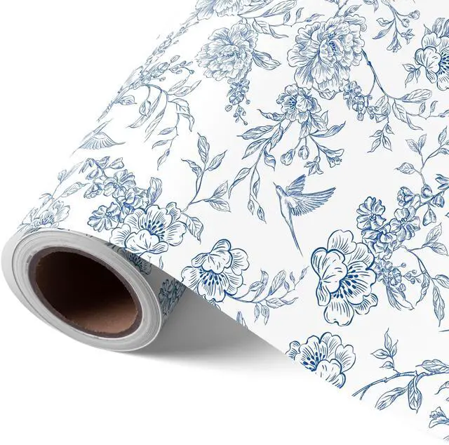 Main image of Blue Floral Wrapping Paper Roll - 17 Inches x 9.8 Feet - Vintage Blue Wrapping Paper for Birthday, Wedding, Bridal Shower, Chrismtas and Mother's Day