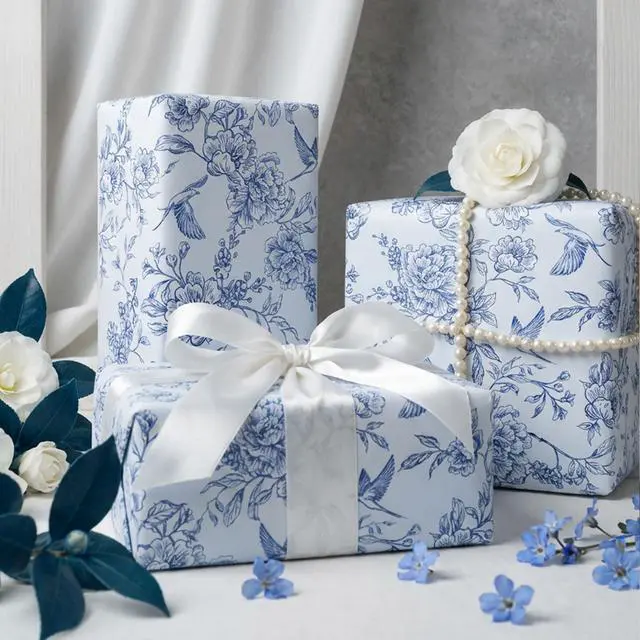 Alt view image 4 of 7 - Blue Floral Wrapping Paper Roll - 17 Inches x 9.8 Feet - Vintage Blue Wrapping Paper for Birthday, Wedding, Bridal Shower, Chrismtas and Mother's Day