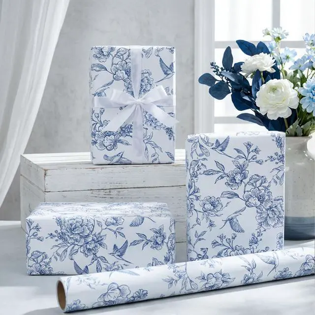 Alt view image 5 of 7 - Blue Floral Wrapping Paper Roll - 17 Inches x 9.8 Feet - Vintage Blue Wrapping Paper for Birthday, Wedding, Bridal Shower, Chrismtas and Mother's Day