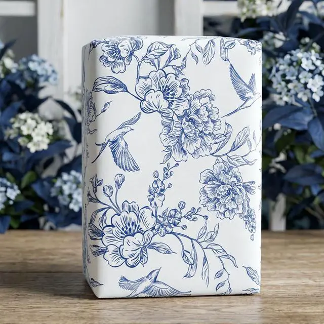 Alt view image 7 of 7 - Blue Floral Wrapping Paper Roll - 17 Inches x 9.8 Feet - Vintage Blue Wrapping Paper for Birthday, Wedding, Bridal Shower, Chrismtas and Mother's Day
