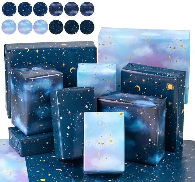 Alt view image 4 of 7 - Neutral Galaxy Birthday Wrapping Paper Sheet - 12 Sheets Folded Flat with 12 Gift Tags for Birthday, Baby Shower, Father's Day, Christmas - 19.7 Inch X 27.5 Inch Per Sheet