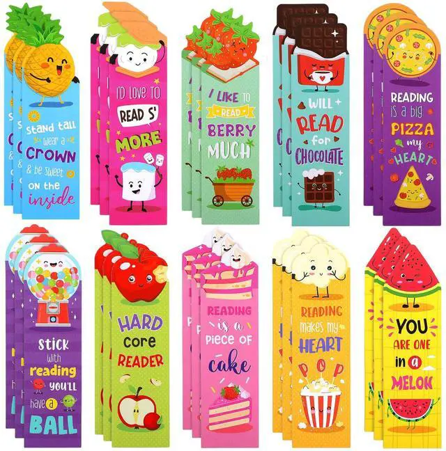 Main image of 30 Pcs Scented Bookmarks for Kids, Fruit Food 10 Styles | Assorted Designs Scratch and Sniff, Fruit Food Theme Sayings for Students, Teens, Food Lovers, Bulk Reading Reward Gifts
