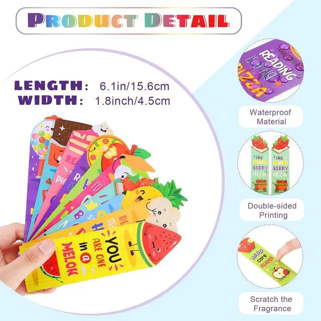 Alt view image 2 of 6 - 30 Pcs Scented Bookmarks for Kids, Fruit Food 10 Styles | Assorted Designs Scratch and Sniff, Fruit Food Theme Sayings for Students, Teens, Food Lovers, Bulk Reading Reward Gifts