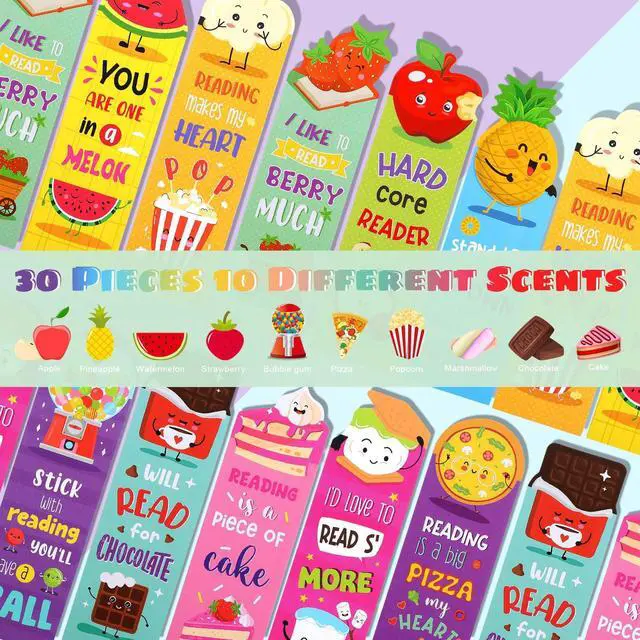 Alt view image 3 of 6 - 30 Pcs Scented Bookmarks for Kids, Fruit Food 10 Styles | Assorted Designs Scratch and Sniff, Fruit Food Theme Sayings for Students, Teens, Food Lovers, Bulk Reading Reward Gifts