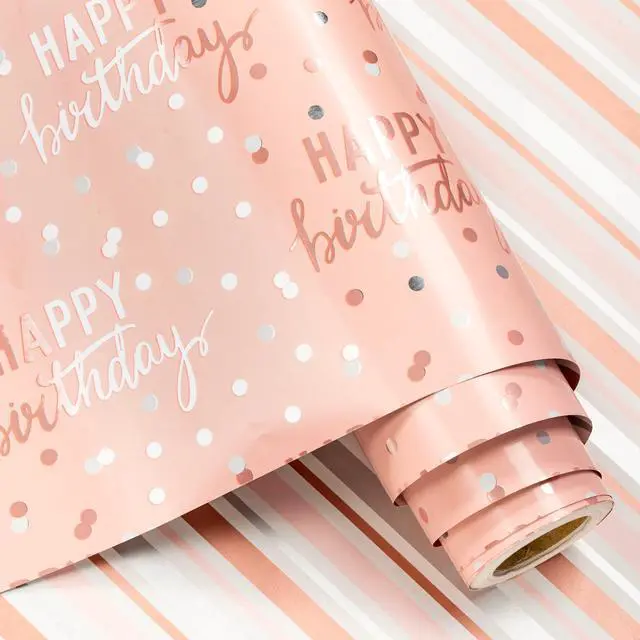 Main image of Reversible Pink Birthday Wrapping Paper Roll for Girls Women, Happy Birthday Lettering & Stripe Pattern with Metallic Foil in Pink, Mini Roll, 17 inches x 9.8 Feet
