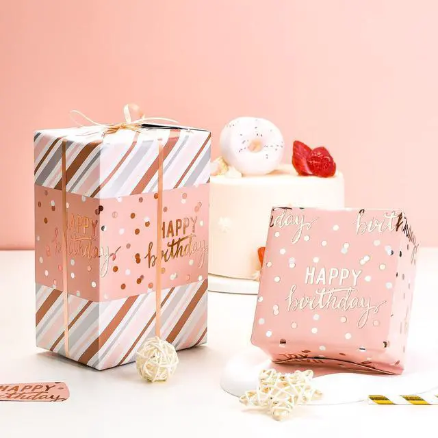 Alt view image 3 of 7 - Reversible Pink Birthday Wrapping Paper Roll for Girls Women, Happy Birthday Lettering & Stripe Pattern with Metallic Foil in Pink, Mini Roll, 17 inches x 9.8 Feet