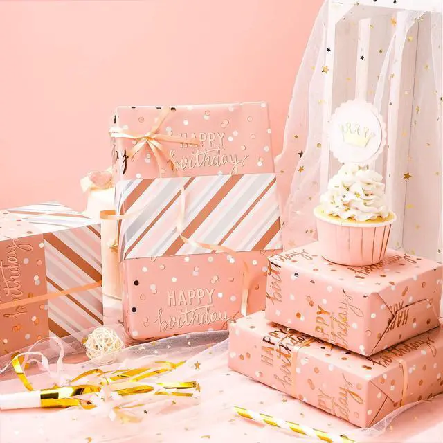 Alt view image 2 of 7 - Reversible Pink Birthday Wrapping Paper Roll for Girls Women, Happy Birthday Lettering & Stripe Pattern with Metallic Foil in Pink, Mini Roll, 17 inches x 9.8 Feet