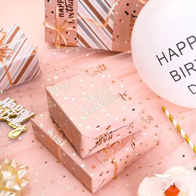 Alt view image 5 of 7 - Reversible Pink Birthday Wrapping Paper Roll for Girls Women, Happy Birthday Lettering & Stripe Pattern with Metallic Foil in Pink, Mini Roll, 17 inches x 9.8 Feet