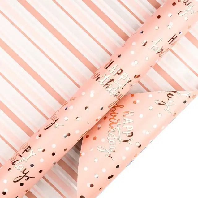 Alt view image 6 of 7 - Reversible Pink Birthday Wrapping Paper Roll for Girls Women, Happy Birthday Lettering & Stripe Pattern with Metallic Foil in Pink, Mini Roll, 17 inches x 9.8 Feet