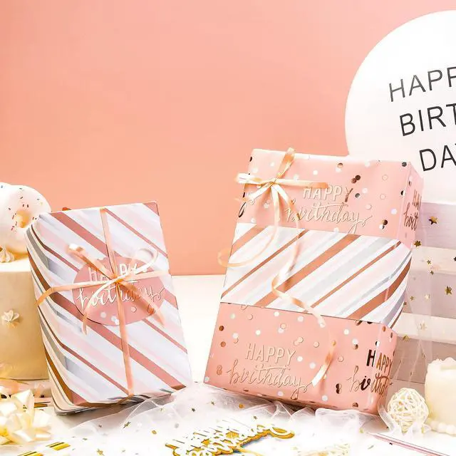 Alt view image 4 of 7 - Reversible Pink Birthday Wrapping Paper Roll for Girls Women, Happy Birthday Lettering & Stripe Pattern with Metallic Foil in Pink, Mini Roll, 17 inches x 9.8 Feet