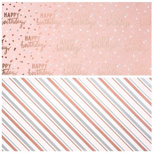 Alt view image 7 of 7 - Reversible Pink Birthday Wrapping Paper Roll for Girls Women, Happy Birthday Lettering & Stripe Pattern with Metallic Foil in Pink, Mini Roll, 17 inches x 9.8 Feet