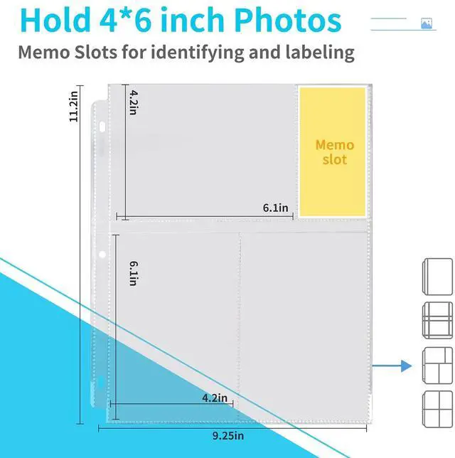 Alt view image 2 of 7 - 30 Pack 4x6 Photo Sleeves for 3 Ring Binder, Hold 180 Photos | Clear Plastic Binder Sleeves, Photo Album Refill Pages, Acid Free Archival Page Protector, Binder Inserts for Postcard