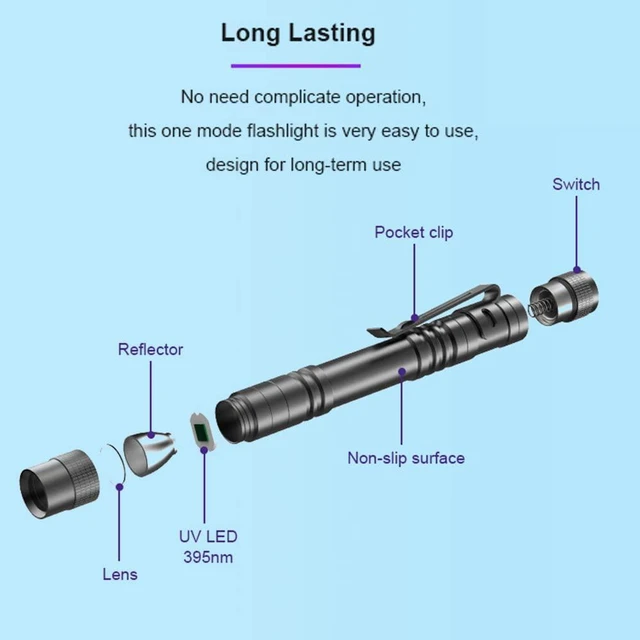 Alt view image 7 of 7 - UV Black Light Flashlight, 395nm Mini Pen Light with Clip, Waterproof Ultraviolet Flashlight for Leak, Pet Urine, Scorpion, Hotel Inspection, Dry Stain and Bed Bug.