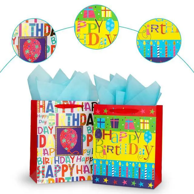 Alt view image 3 of 7 - 2-Pack 12.6 Inch Large Happy Birthday Gift Bags | with Handles, Tissue Paper and Card, for Girls, Women & Kids Birthday Party Favor Wrap