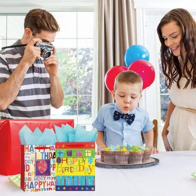 Alt view image 5 of 7 - 2-Pack 12.6 Inch Large Happy Birthday Gift Bags | with Handles, Tissue Paper and Card, for Girls, Women & Kids Birthday Party Favor Wrap