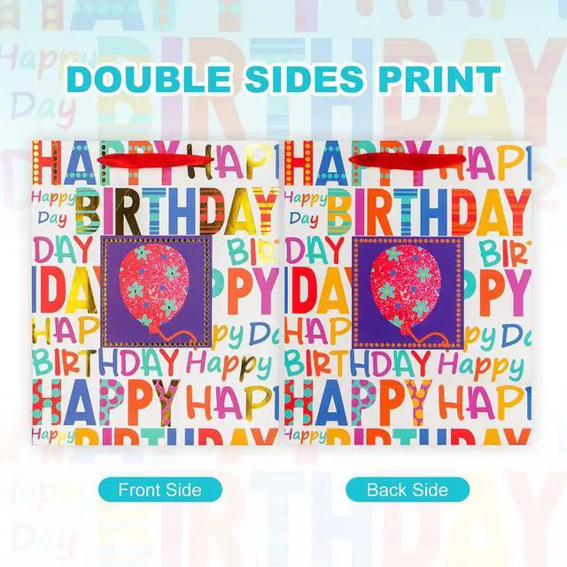 Alt view image 6 of 7 - 2-Pack 12.6 Inch Large Happy Birthday Gift Bags | with Handles, Tissue Paper and Card, for Girls, Women & Kids Birthday Party Favor Wrap