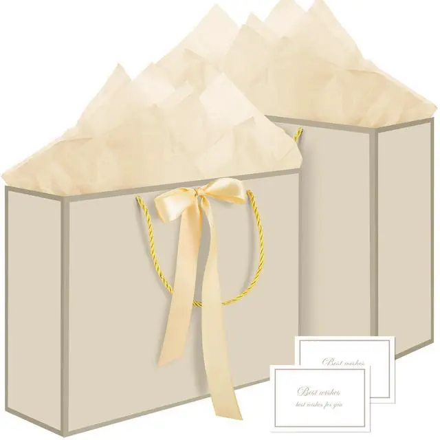 Main image of 2 Pcs Gift Bags with Handles, 14" Medium Gift Bag with Tissue Paper | Ribbon Handles and 2 Cards, Gold Bag for Birthday, Wedding Bridal Shower, Baby Shower