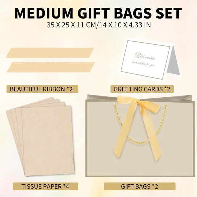 Alt view image 2 of 7 - 2 Pcs Gift Bags with Handles, 14" Medium Gift Bag with Tissue Paper | Ribbon Handles and 2 Cards, Gold Bag for Birthday, Wedding Bridal Shower, Baby Shower