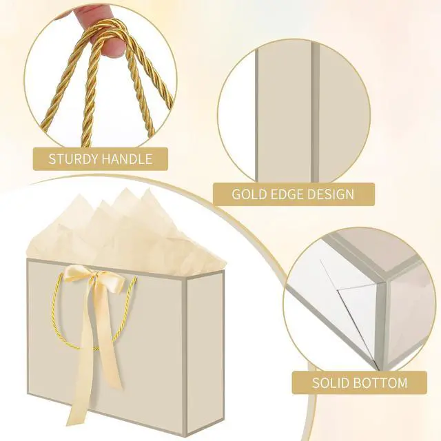 Alt view image 3 of 7 - 2 Pcs Gift Bags with Handles, 14" Medium Gift Bag with Tissue Paper | Ribbon Handles and 2 Cards, Gold Bag for Birthday, Wedding Bridal Shower, Baby Shower