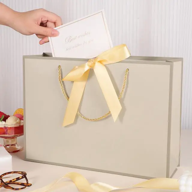 Alt view image 5 of 7 - 2 Pcs Gift Bags with Handles, 14" Medium Gift Bag with Tissue Paper | Ribbon Handles and 2 Cards, Gold Bag for Birthday, Wedding Bridal Shower, Baby Shower
