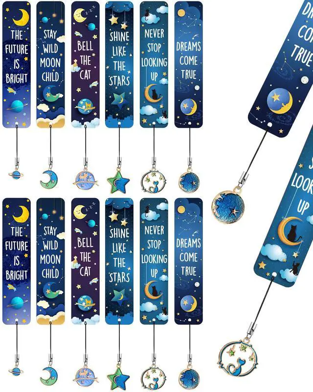 Main image of 12 Pcs Space Bookmarks Metal Charms, Cat Moon Star Novelty Style | Inspirational Celestial Designs, Classroom Prizes Reading Rewards, Book Club Gifts Students, Party Favors Boys Girls