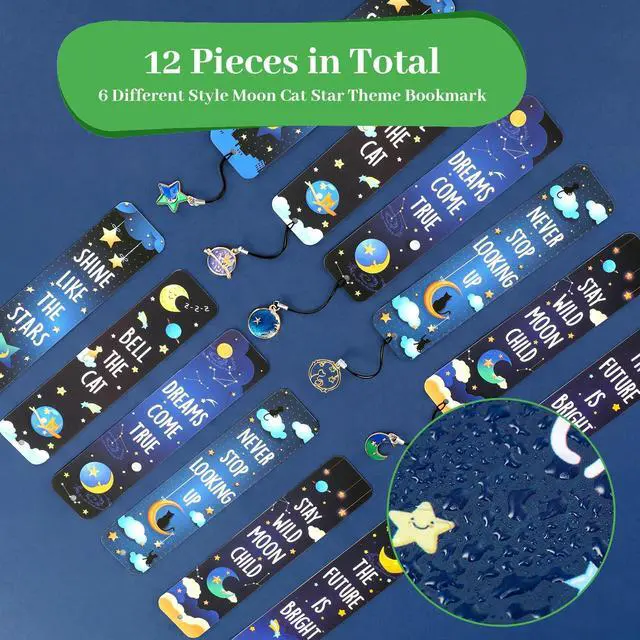 Alt view image 3 of 6 - 12 Pcs Space Bookmarks Metal Charms, Cat Moon Star Novelty Style | Inspirational Celestial Designs, Classroom Prizes Reading Rewards, Book Club Gifts Students, Party Favors Boys Girls