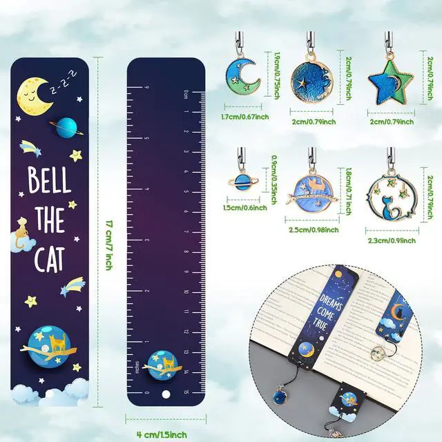 Alt view image 2 of 6 - 12 Pcs Space Bookmarks Metal Charms, Cat Moon Star Novelty Style | Inspirational Celestial Designs, Classroom Prizes Reading Rewards, Book Club Gifts Students, Party Favors Boys Girls