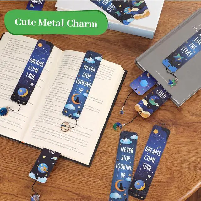 Alt view image 4 of 6 - 12 Pcs Space Bookmarks Metal Charms, Cat Moon Star Novelty Style | Inspirational Celestial Designs, Classroom Prizes Reading Rewards, Book Club Gifts Students, Party Favors Boys Girls