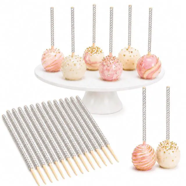 Main image of Silver Glitter Rhinestone Bamboo Bling Sticks 6 in, 24 Count | For candy apples, cake pops and caramel apples (15 cm)