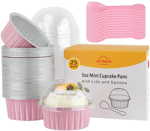 Main image of 5oz Dot Cake Cups with Dome Lids, Cupcake Tins Mini Cake Pans | 25 Pack, Foil Baking Cups, Disposable Ramekins, Single Muffin Containers, for Kids Party, Round Pink