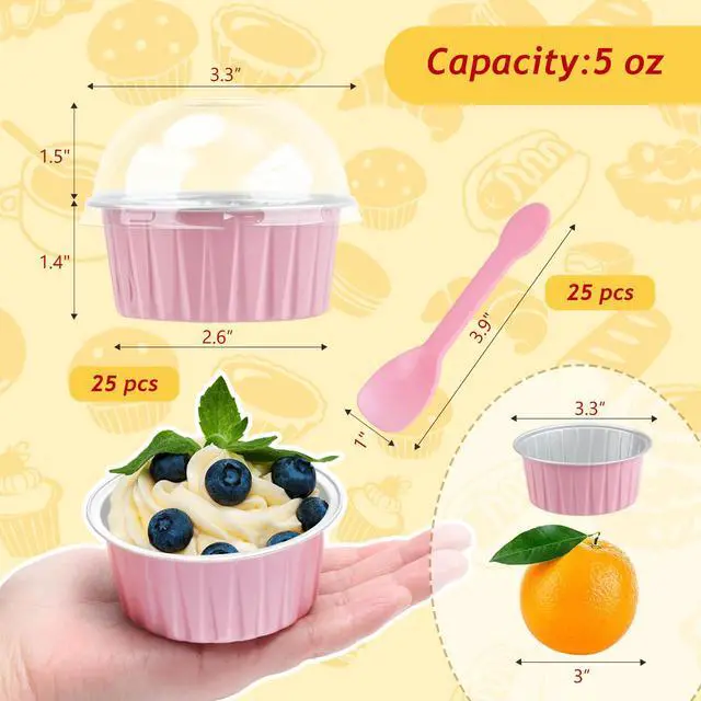 Alt view image 2 of 7 - 5oz Dot Cake Cups with Dome Lids, Cupcake Tins Mini Cake Pans | 25 Pack, Foil Baking Cups, Disposable Ramekins, Single Muffin Containers, for Kids Party, Round Pink