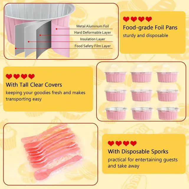 Alt view image 3 of 7 - 5oz Dot Cake Cups with Dome Lids, Cupcake Tins Mini Cake Pans | 25 Pack, Foil Baking Cups, Disposable Ramekins, Single Muffin Containers, for Kids Party, Round Pink
