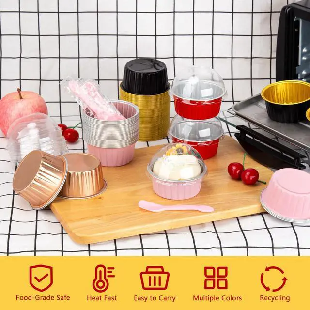 Alt view image 4 of 7 - 5oz Dot Cake Cups with Dome Lids, Cupcake Tins Mini Cake Pans | 25 Pack, Foil Baking Cups, Disposable Ramekins, Single Muffin Containers, for Kids Party, Round Pink