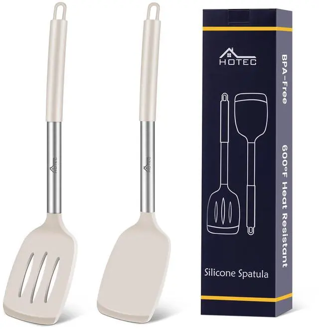 Main image of Silicone Spatula Set of 2 Heat-Resistant 600°F & BPA-Free Kitchen SaptulaTurner with Stainless Steel Handles, Slotted & Solid Spatulas for Nonstick Cookware, 13.7 Inch, Khaki