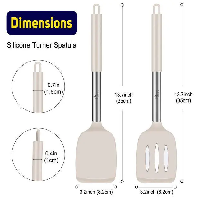 Alt view image 2 of 7 - Silicone Spatula Set of 2 Heat-Resistant 600°F & BPA-Free Kitchen SaptulaTurner with Stainless Steel Handles, Slotted & Solid Spatulas for Nonstick Cookware, 13.7 Inch, Khaki