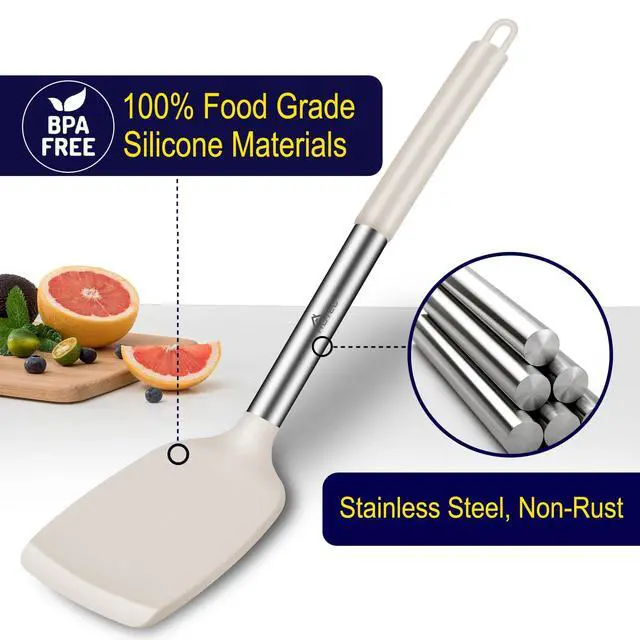 Alt view image 3 of 7 - Silicone Spatula Set of 2 Heat-Resistant 600°F & BPA-Free Kitchen SaptulaTurner with Stainless Steel Handles, Slotted & Solid Spatulas for Nonstick Cookware, 13.7 Inch, Khaki
