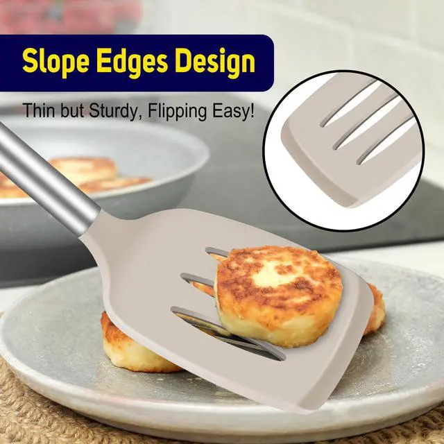 Alt view image 6 of 7 - Silicone Spatula Set of 2 Heat-Resistant 600°F & BPA-Free Kitchen SaptulaTurner with Stainless Steel Handles, Slotted & Solid Spatulas for Nonstick Cookware, 13.7 Inch, Khaki