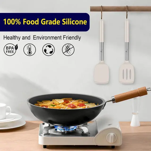 Alt view image 7 of 7 - Silicone Spatula Set of 2 Heat-Resistant 600°F & BPA-Free Kitchen SaptulaTurner with Stainless Steel Handles, Slotted & Solid Spatulas for Nonstick Cookware, 13.7 Inch, Khaki