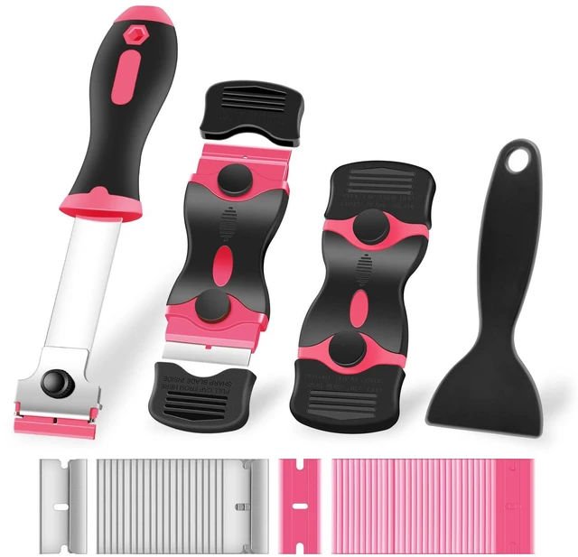 Main image of 4 Pack Razor Blade Scraper, Includes 50 PCS Metal & Plastic Blades | Premium Razor Scraper Tool for Glass, Window, Cooktop, Countertop Cleaning & Sticker, Decal, Paint Removal (Pink)
