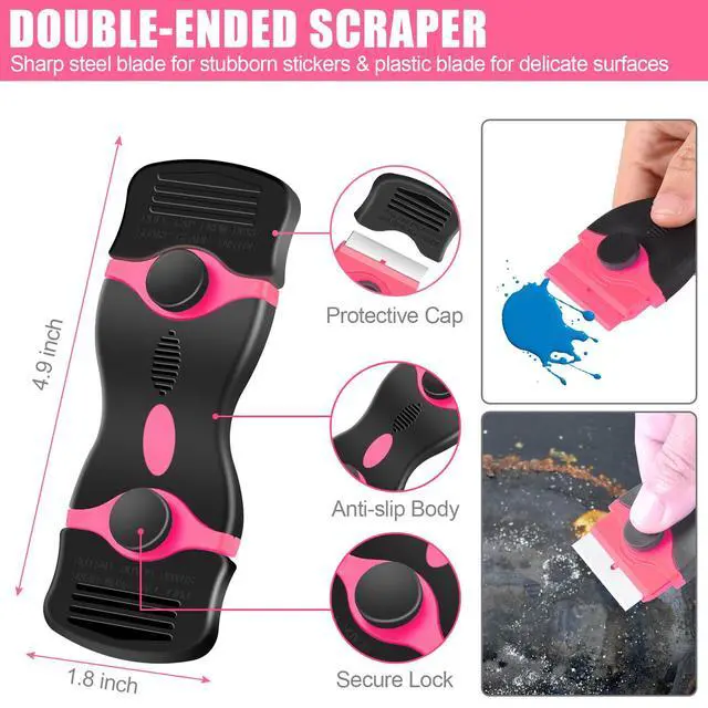 Alt view image 3 of 7 - 4 Pack Razor Blade Scraper, Includes 50 PCS Metal & Plastic Blades | Premium Razor Scraper Tool for Glass, Window, Cooktop, Countertop Cleaning & Sticker, Decal, Paint Removal (Pink)