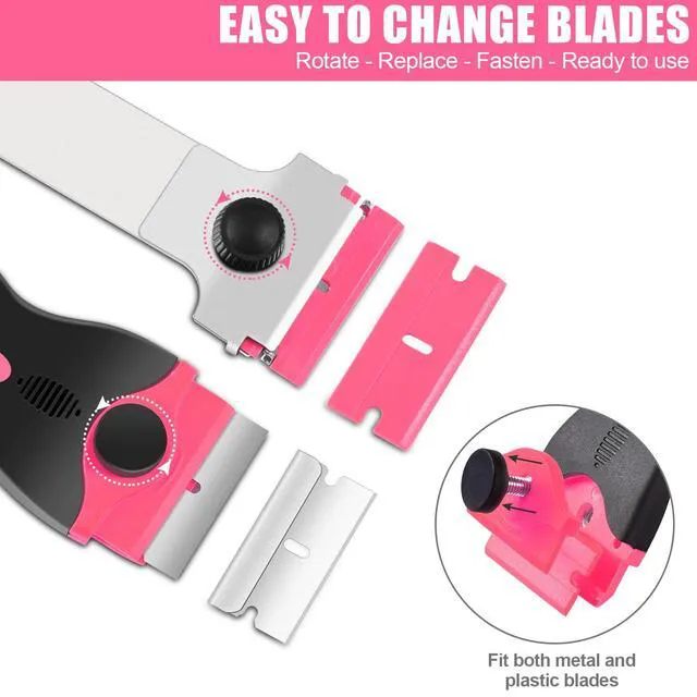 Alt view image 5 of 7 - 4 Pack Razor Blade Scraper, Includes 50 PCS Metal & Plastic Blades | Premium Razor Scraper Tool for Glass, Window, Cooktop, Countertop Cleaning & Sticker, Decal, Paint Removal (Pink)