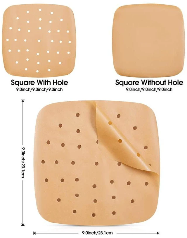 Alt view image 2 of 6 - 200PCS Air Fryer Parchment Paper, 9 Inch Square Air Fryer Liner | Filter Paper for Air Fryers (100 Perforated & 100 Imperforate), Non-Stick Baking Paper for Air Fryers, Steamers, Cake Pan