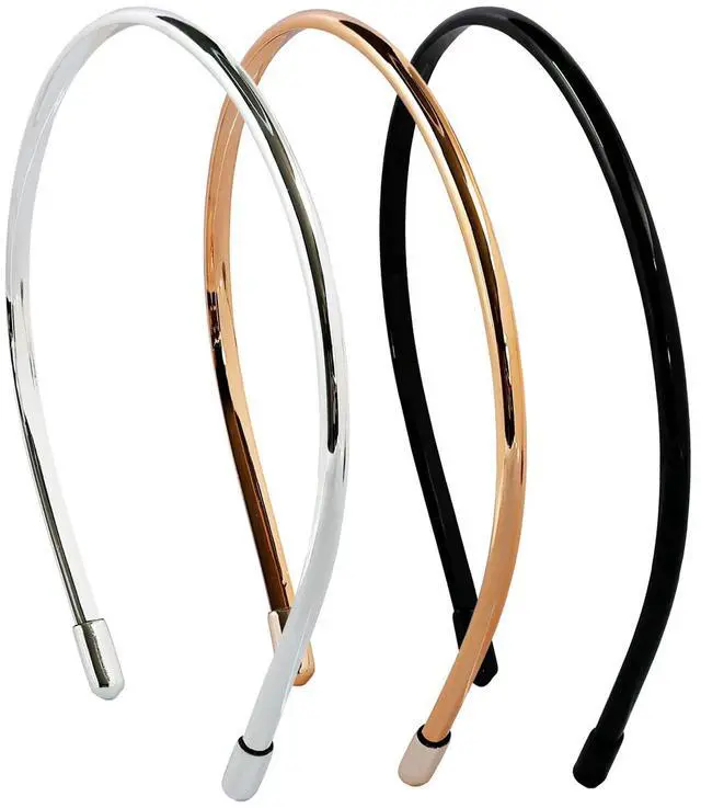 Main image of Metallic Color Skinny Headbands for Women and Girls, 3 Pack, Hair Accessories, Black, Silver, Gold