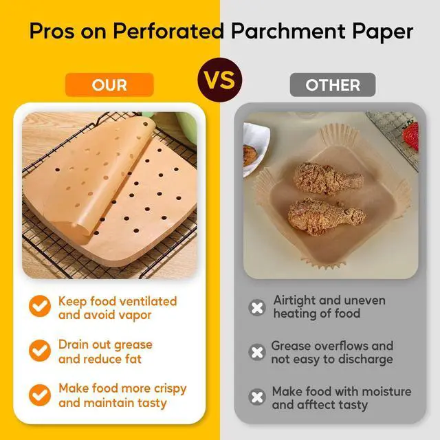 Alt view image 3 of 7 - 200PCS 6.5" Perforated Parchment Paper Squares, Unbleached | Heavy duty air fryer paper liners for air fryer, steaming basket, bamboo steamer, and oven baking; less mess, better airflow