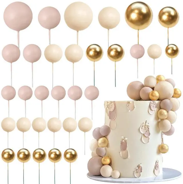 Main image of 32 PCS Colorful Ball Shaped Cake Topper Pearl Balls Cupcake Cake Insert Topper for Birthday Party Wedding Decoration Supplies (Apricot Gold Light Brown)