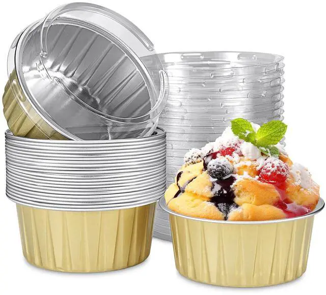 Main image of 20pcs Gold Mini Cake Pans with Lids, 5oz Aluminum Foil Round Cupcake Liners Muffin Cups, Disposable Ramekins Baking Cups Muffin Pans for Wedding Birthday Party