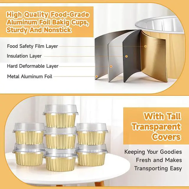 Alt view image 3 of 7 - 20pcs Gold Mini Cake Pans with Lids, 5oz Aluminum Foil Round Cupcake Liners Muffin Cups, Disposable Ramekins Baking Cups Muffin Pans for Wedding Birthday Party
